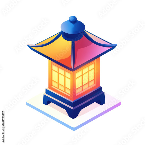 Colorful Pagoda Lantern Design in Isometric Perspective Featuring Warm Light and Traditional Architectural Elements Ideal for Various Creative Projects