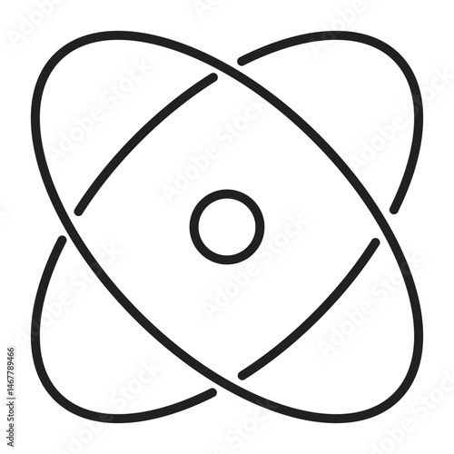 Simple atom icon graphic has rings and a circle to show the basics of the atom structure in a flat design.