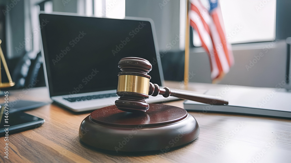 Wooden Gavel on a Desk in a Law Office Wooden Gavel on a Desk in a Law Office