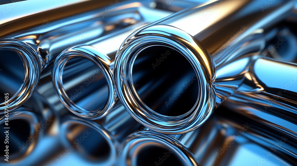 Shiny new steel pipe with slick surface and bright metallic finish set against a dark background. Symbolizes strength, industry, precision, and modern engineering in a bold minimal composition.