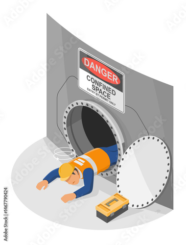 Industrial safety failure scenario showing unconscious worker collapsing at confined space entrance due to lack of proper ventilation and permit control isometric cartoon