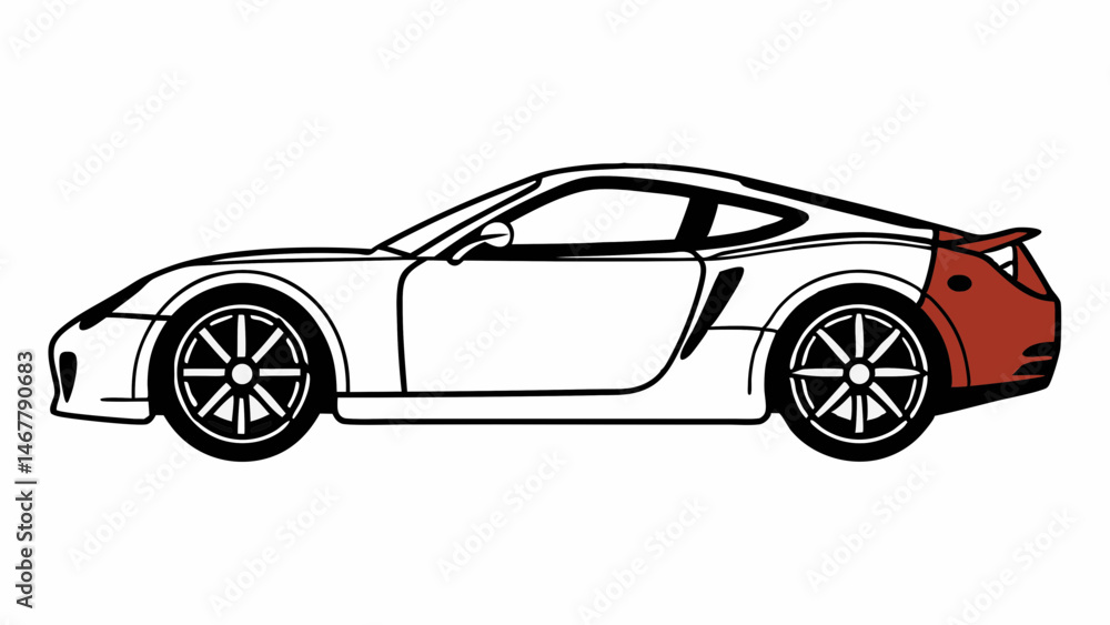 Side view of a white sports car with black wheels and a red back panel on a white background created with generated ai Side view of a white sports car with black wheels and a red back panel on a white background created with generated ai
