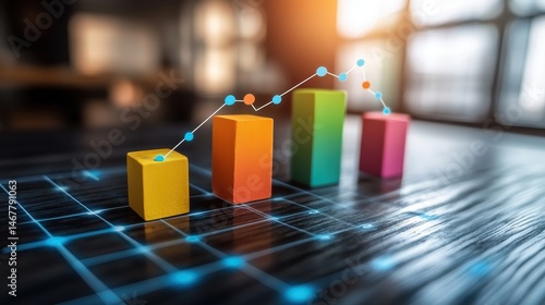 Abstract financial growth chart with color blocks on a futuristic grid illustrating positive business investment and data visualization concept
