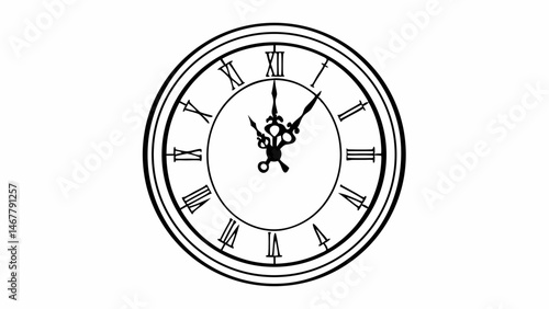 Illustration of a clock face with roman numerals and ornate hands showing almost one o clock time created with generated ai