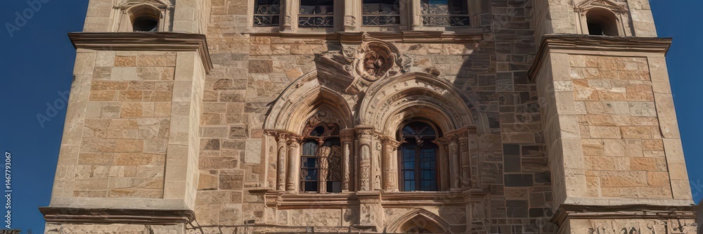 Ancient bell tower, Catholic church facade, ornate stonework, vertical, symmetry, church Ancient bell tower, Catholic church facade, ornate stonework, vertical, symmetry, church