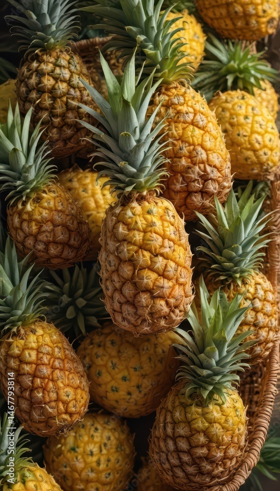 A woven basket overflowing with ripe, golden pineapples , summer, composition, gold A woven basket overflowing with ripe, golden pineapples , summer, composition, gold