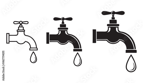 Black and White Faucet with Water Drop, Simple Plumbing Icon Set on White Background
