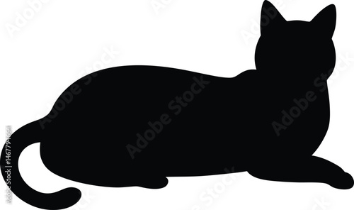 Black cat silhouette lying down elegantly with a curled tail design