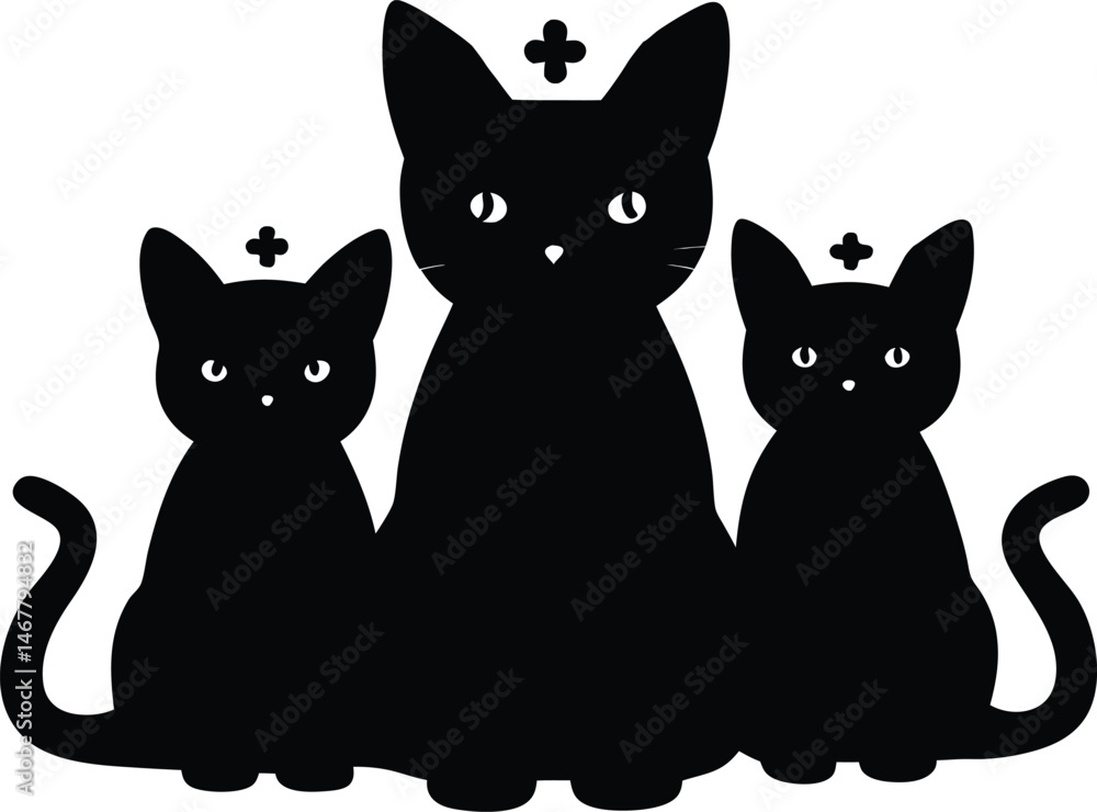 Fototapeta premium Three black cat silhouettes each with a plus symbol on their head