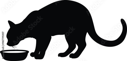 Black silhouette of a cat eating from a bowl on a white background