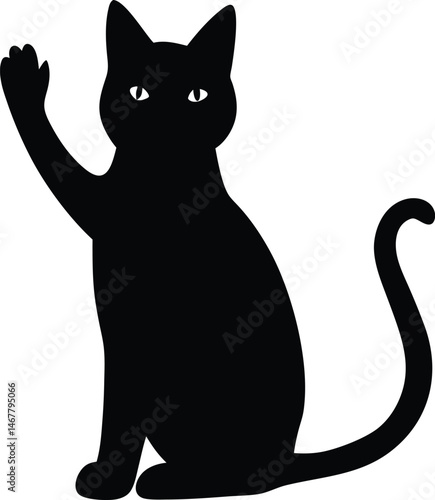 A black cat silhouette is waving with its front paw hello