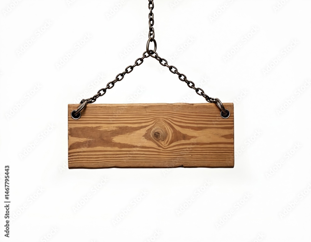 Wooden plank signboard hanging on steel chains isolated against a clean white background. Vintage design wood plate for text. Rustic texture for message board sign. Wooden plank signboard hanging on steel chains isolated against a clean white background. Vintage design wood plate for text. Rustic texture for message board sign.