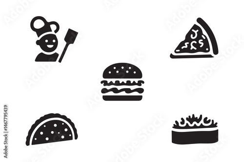 Fast Food Icon Set Burger, Pizza, Taco, Chef Vector Illustration