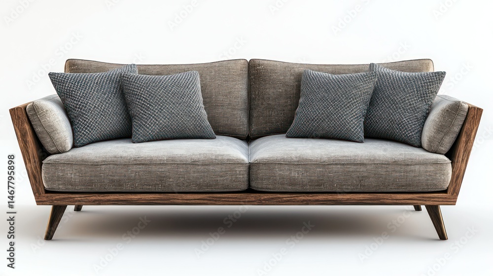 Modern sectional sofa with wooden legs and grey/brown cushions Modern sectional sofa with wooden legs and grey/brown cushions