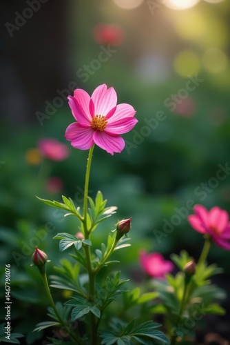 Solitary pink flower blooms in peaceful garden nook , corner, macro