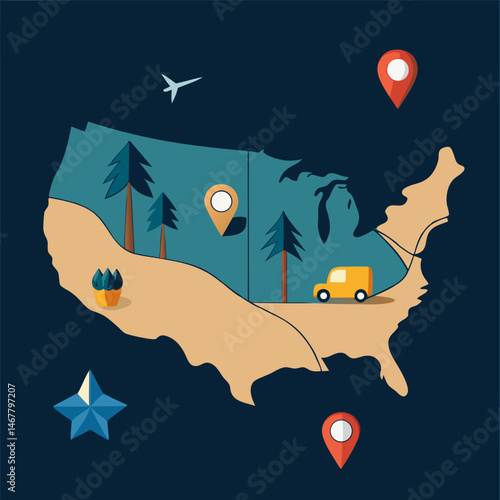 USA travel map illustration featuring iconic landmarks and attractions