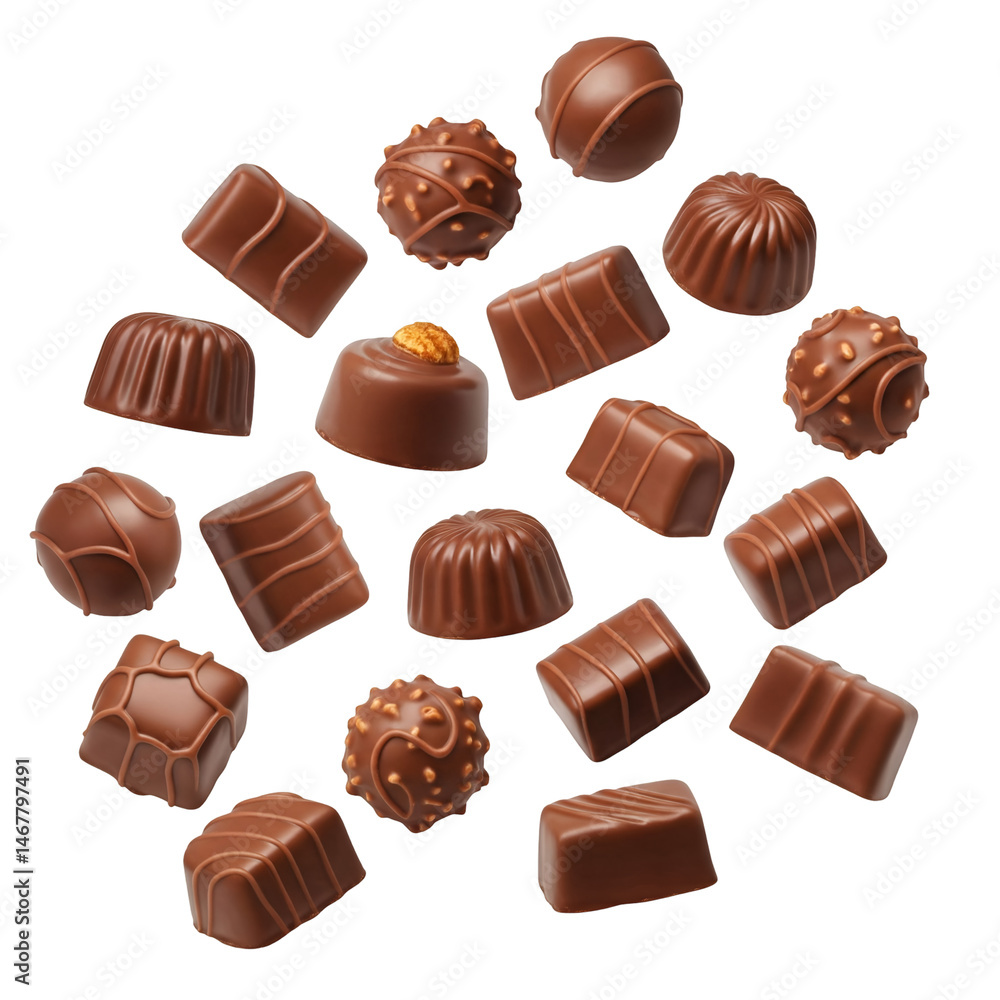 Assorted Milk Chocolate Candies Floating isolated on a transparent background Assorted Milk Chocolate Candies Floating isolated on a transparent background