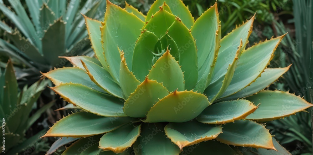 Fototapeta premium Agave succulent against vibrant green foliage , desert, plant photography