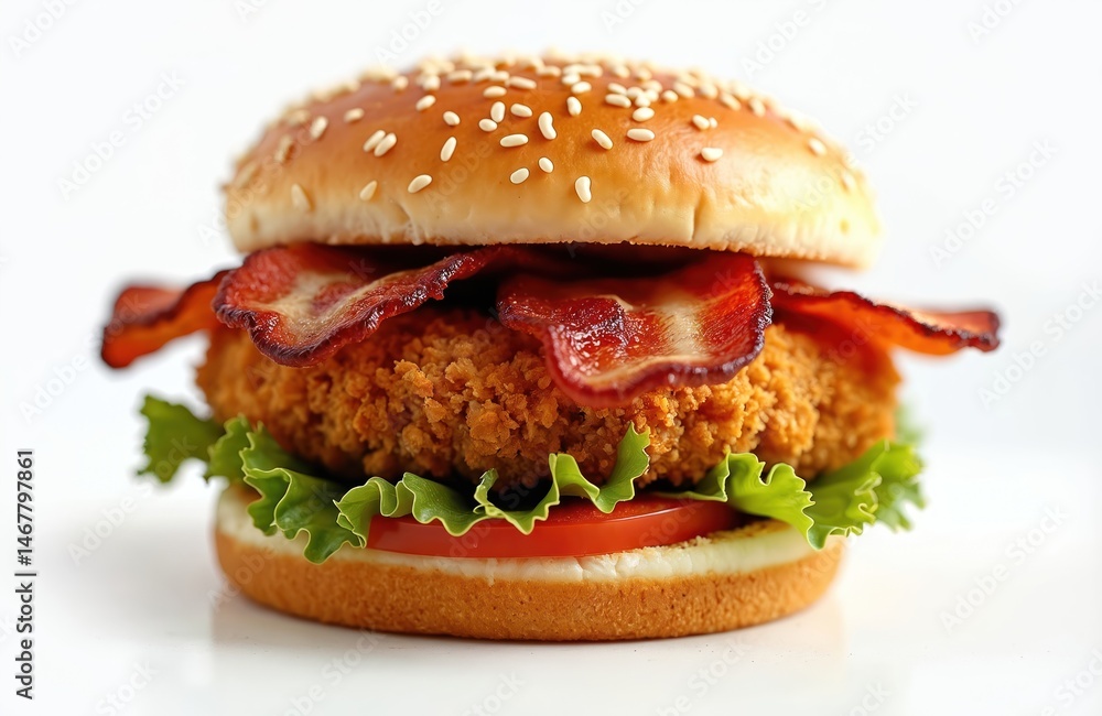 Crispy fried chicken burger with bacon slices, fresh lettuce, tomato. Sesame seed bun, delicious fast food meal, tasty snack. Perfect for cafes, restaurants, dinner, lunch menus. Appetizing food Crispy fried chicken burger with bacon slices, fresh lettuce, tomato. Sesame seed bun, delicious fast food meal, tasty snack. Perfect for cafes, restaurants, dinner, lunch menus. Appetizing food