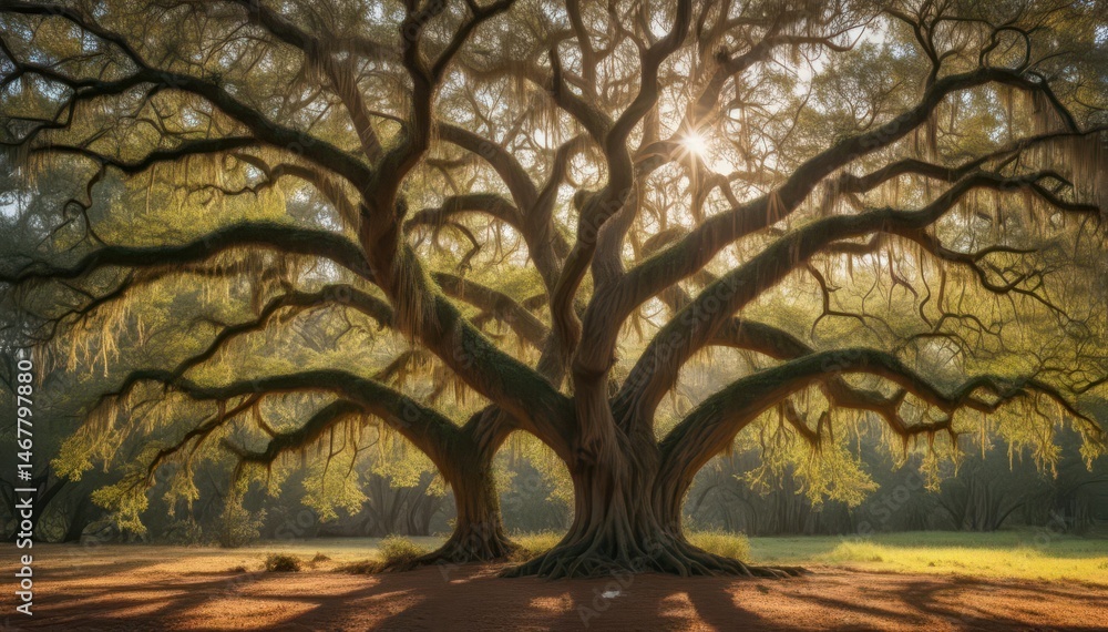 Naklejka premium Ancient live oak draped in Spanish moss, sunlight filtering through , travel, spanish moss