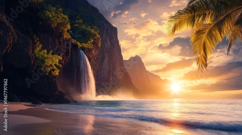 Fototapeta Naklejka Na Ścianę i Meble -  Majestic coastal waterfall flowing into the ocean at breathtaking sunset