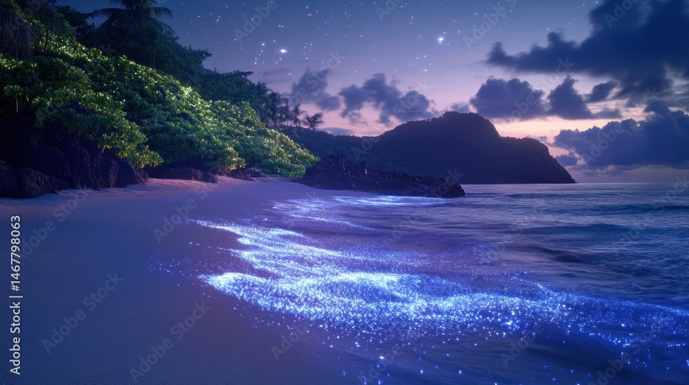 Obraz premium Bioluminescent beauty , An enchanting nocturnal ocean scene with glowing waves