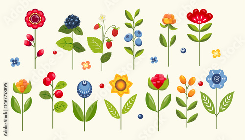 Set of summer decorative flowers and berries. Floral elements, berries, leaves and herbs, plants on a light background. A collection of icons of summer berries and flowers. Vector flat illustration.