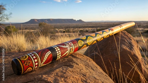 Photograph of a didgeridoo resting on rocks