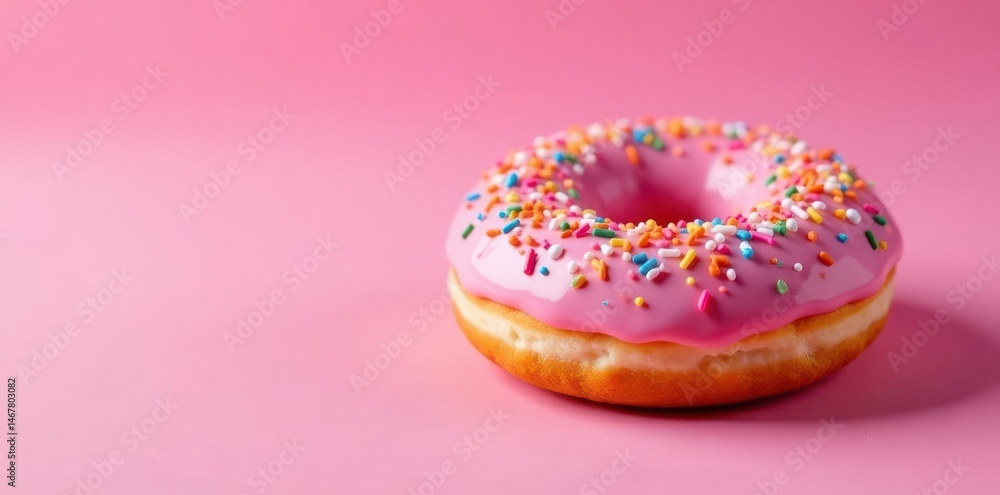 A delectable pink donut, adorned with vibrant sprinkles, rests against a matching pink backdrop , cake, sweet dessert, yummy