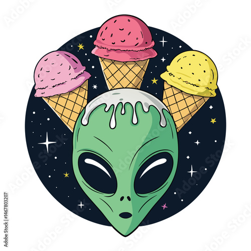 A whimsical alien head, three antenna dripping vibrant, melting ice cream scoops; vibrant, surreal, digital art.