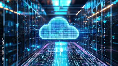 digital cloud, AI elements, sleek futuristic design, intricate computer network, vibrant blue and purple hues, high-tech gadgets, glowing lines, modern workspace, detailed circuit patterns, holographi