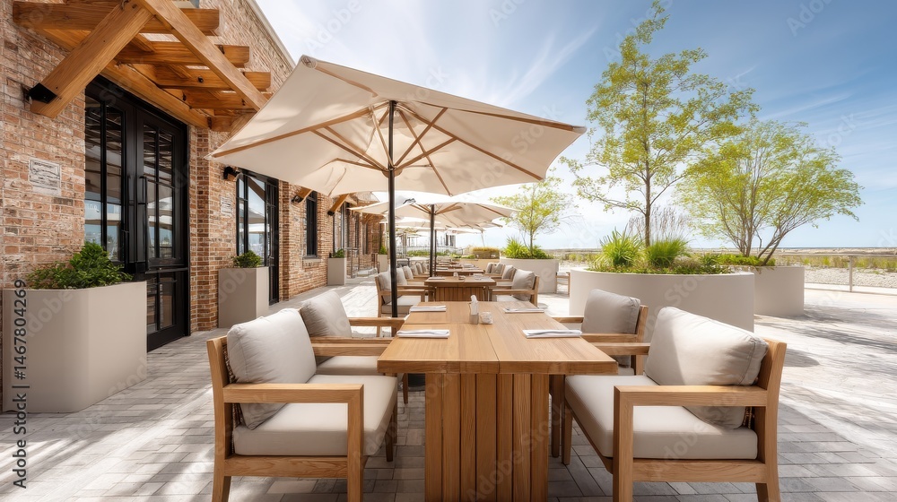 Fototapeta premium An outdoor cafe under clear skies with tables set for customers, capturing the inviting atmosphere of good weather and outdoor dining