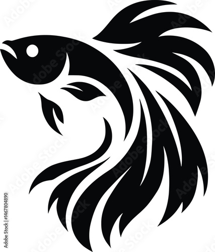 Elegant Black and White Betta Fish Silhouette Design, Decorative Betta Fish Vector