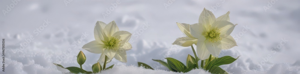 Fototapeta premium Cream hellebore emerges from snowdrift, winter bloom , beauty, flowering