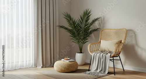 Cozy Indoor Space with Rattan Chair and Plant by Sunlit Window