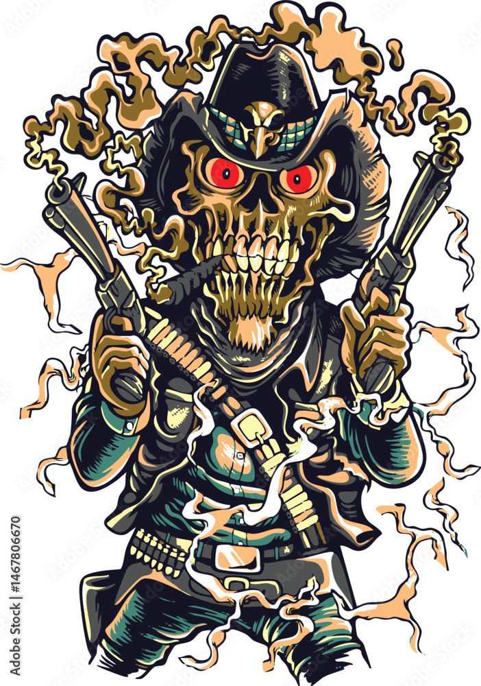 Fototapeta premium skull cow boy with guns mummy design tattoo design