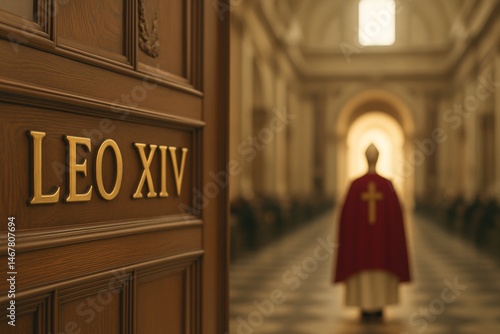 A symbolic image  commemorating the election of Pope Leo XIV. The image features a close-up of a grand wooden door inscribed with “LEO XIV” in gold letters. In the background, a newly elected pope