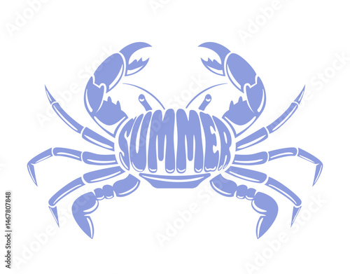This vector illustration features a stylized blue crab adorned with the word SUMMER emblazoned across its body. The vibrant design captures the essence of coastal fun and beach life, perfect for