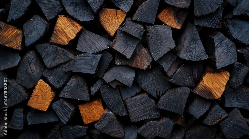 A pile of wood with some pieces that are black and some that are brown