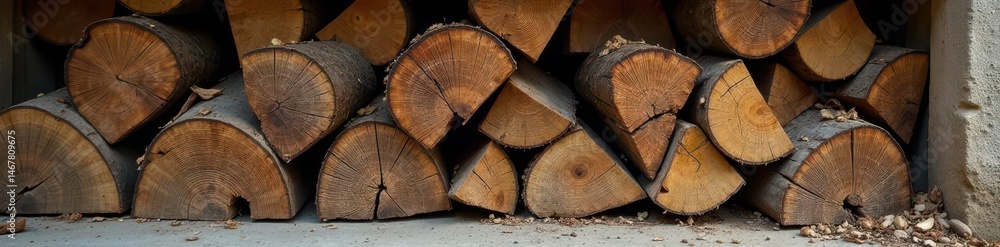 Naklejka premium A weathered stack of seasoned firewood against a rustic backdrop , aged, logs, rough