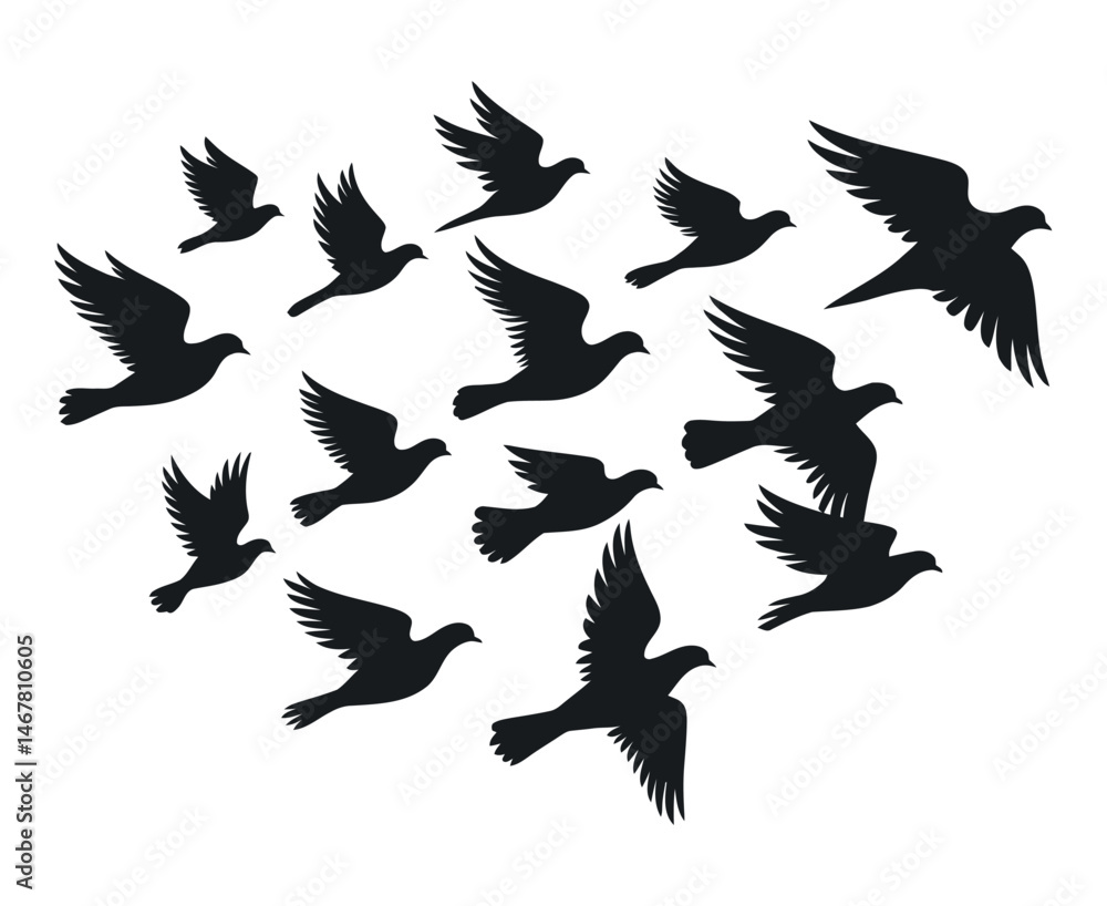 Fototapeta premium Silhouette of a Flock of Doves Forming a Heart Shape in Flight
