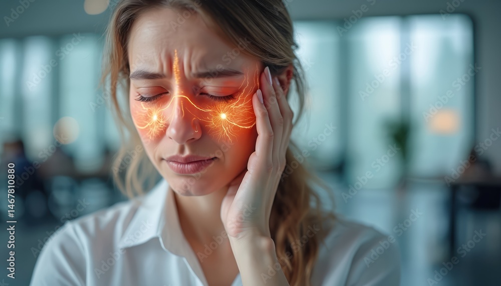 Woman touches painful face in office. Inflamed facial nerve, muscles affected by bell palsy, workplace pressure. Facial pain, medical issue. Anatomical visualization of nervous system. Woman touches painful face in office. Inflamed facial nerve, muscles affected by bell palsy, workplace pressure. Facial pain, medical issue. Anatomical visualization of nervous system.
