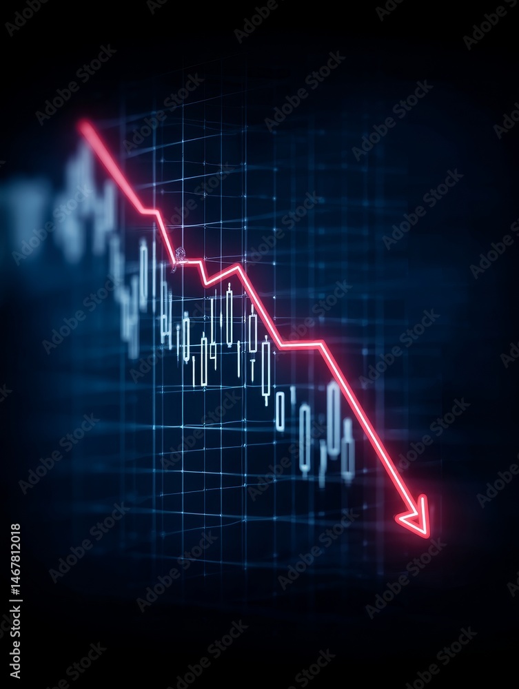 Declining Market Trend Graph - Red line graph shows a sharp downward trend on a dark blue grid background, symbolizing market decline or economic downturn Declining Market Trend Graph - Red line graph shows a sharp downward trend on a dark blue grid background, symbolizing market decline or economic downturn
