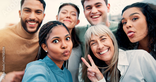 Funny face, peace sign and selfie of business people in city together for collaboration, unity or solidarity. Creative, friends and social media with employee group outdoor for profile picture