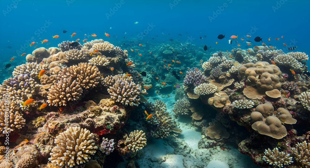 Fototapeta premium Vibrant Coral Reef Scene with Colorful Fish in Crystal Clear Water