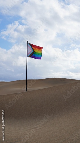 Waving progress pride flag on a flagpole in a vast desert landscape, surrounded by sand dunes and under a cloudy sky, symbolizes inclusion and diversity in remote communities