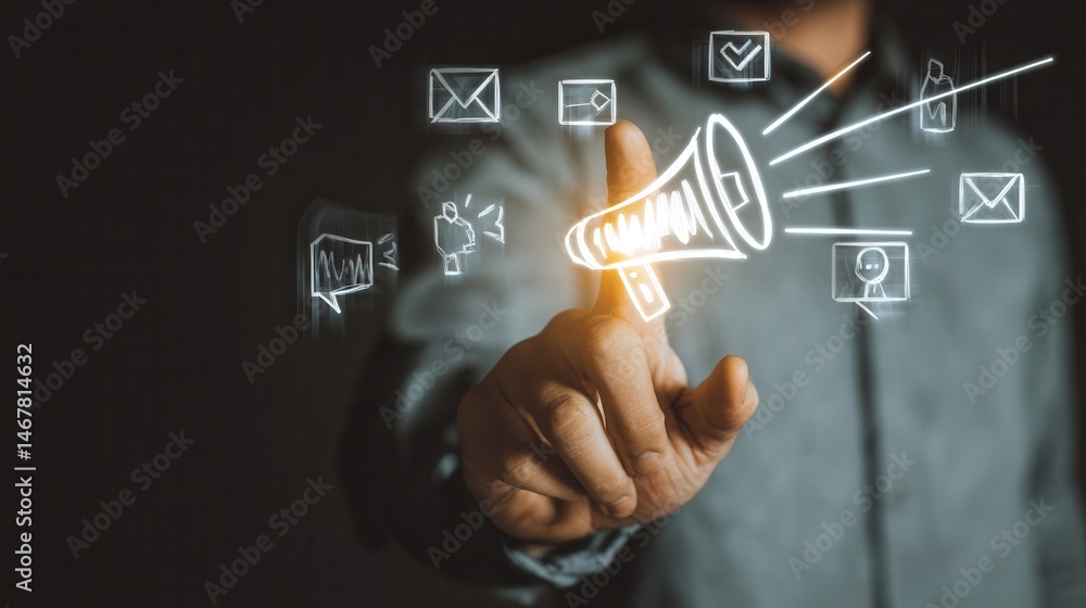 A person interacting with a projected communication concept. A person interacting with a projected communication concept.