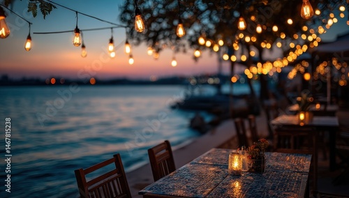 Romantic sunset dinner by the water, illuminated by warm string lights.
