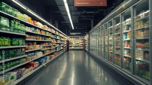 Walking Through Grocery Store Aisle with Shelves and Refrigerators