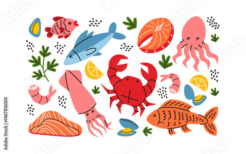 Cartoon Seafood and Gourmet Delicacies Set. Featuring Shrimps, Fish, Salmon, Squid, Mussels, Oysters, and Cooking Ingredients. Healthy Food, Vitamins, and Food Products. Vector Stickers.